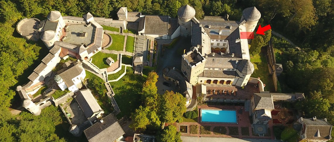 It is located on the first floor of the main house, to the right of the dining room